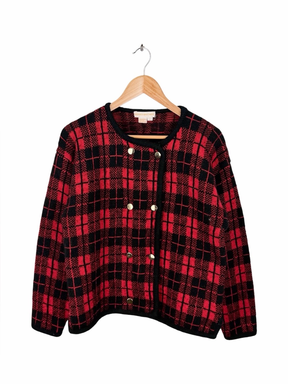 Brooks Brothers Womens Large Mohair Cardigan Sweater Vintage Red Tartan Plaid